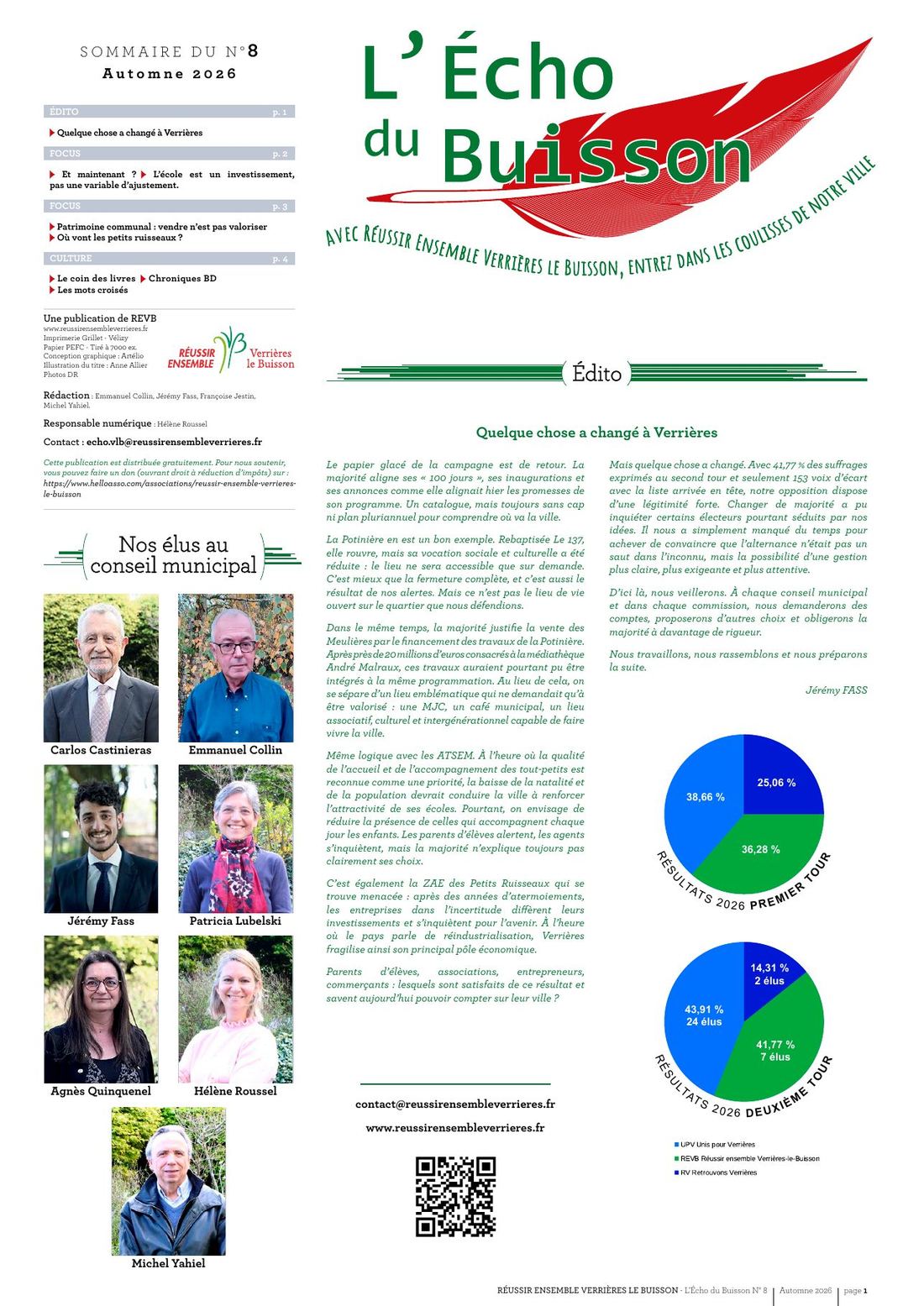 Page 1 : sommaire du numéro 8, édito « Quelque chose a changé à Verrières », portraits des élus et résultats des élections 2026.